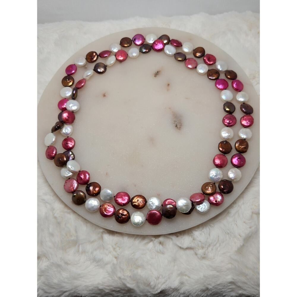 Genuine Freshwater Pearl Button Pink Multicolor Necklace Sterling Clasp 44in